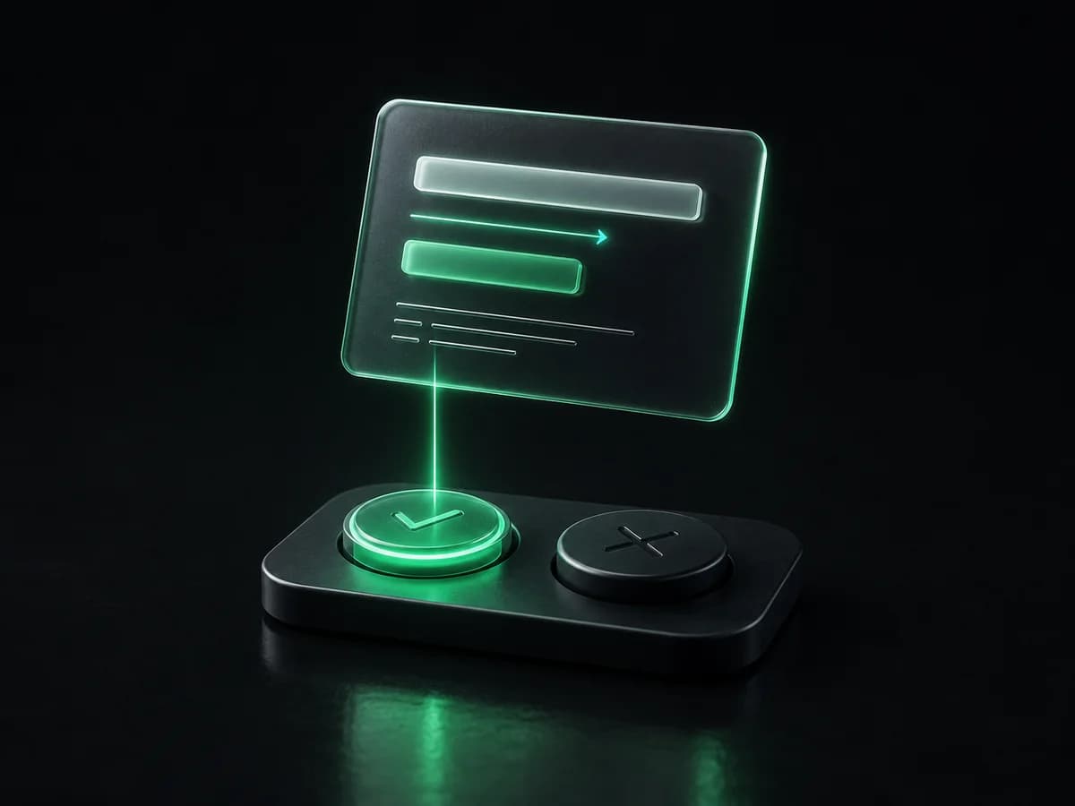 Approval console: a light thread from the proposal card to the green approve button, a reject button beside it