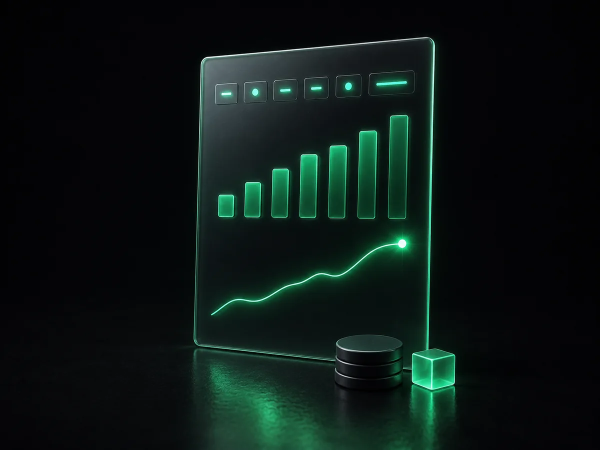Live panel: a dark glass dashboard with rising green charts and metric tiles